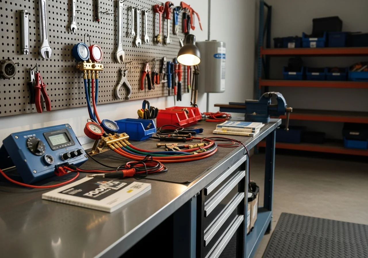 HVAC technician tools and equipment on a workbench, ready for residential heating and cooling service calls.