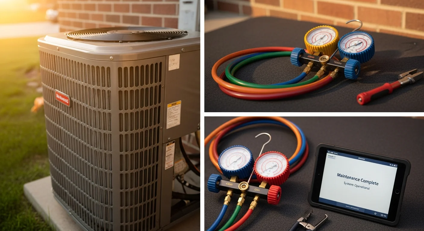 AC technician servicing air conditioning unit outside home