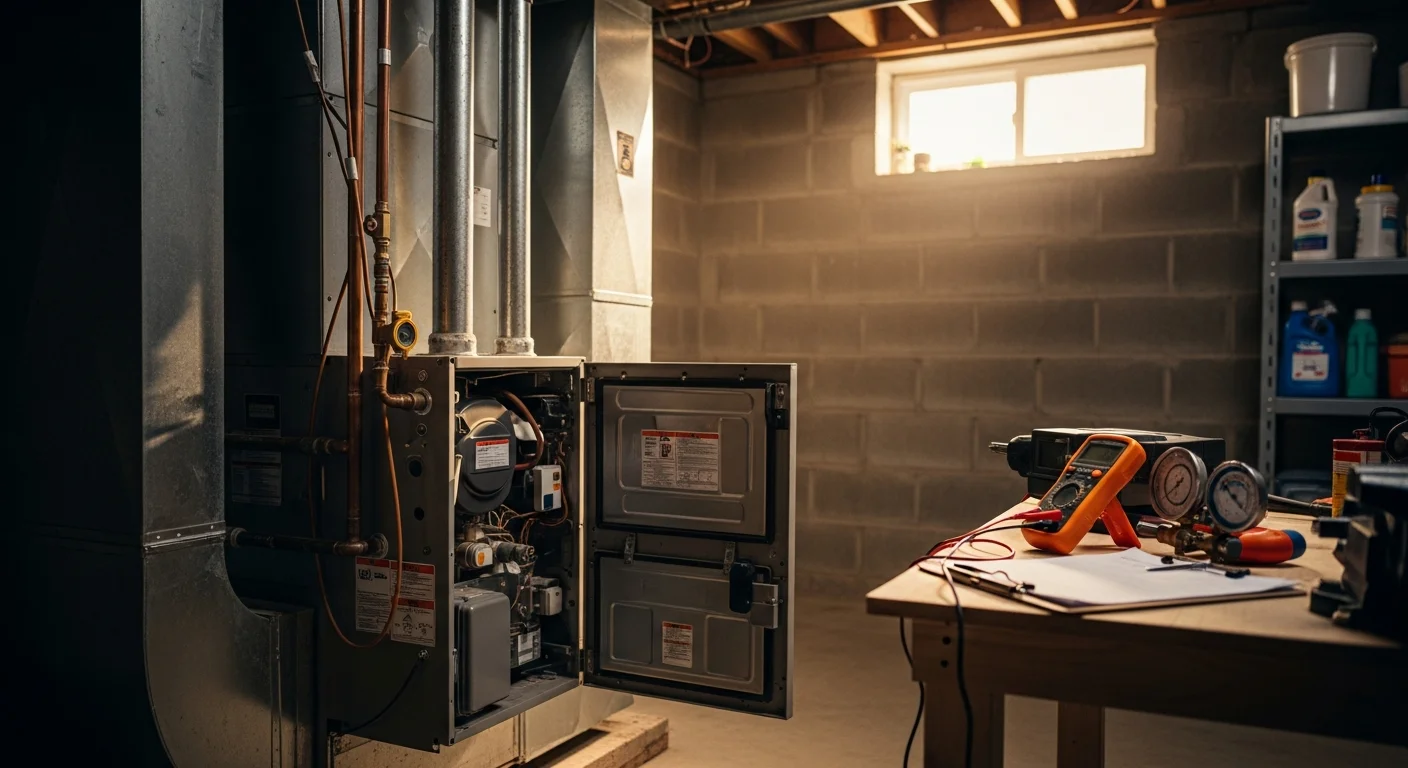 Technician performing furnace maintenance and tune-up service