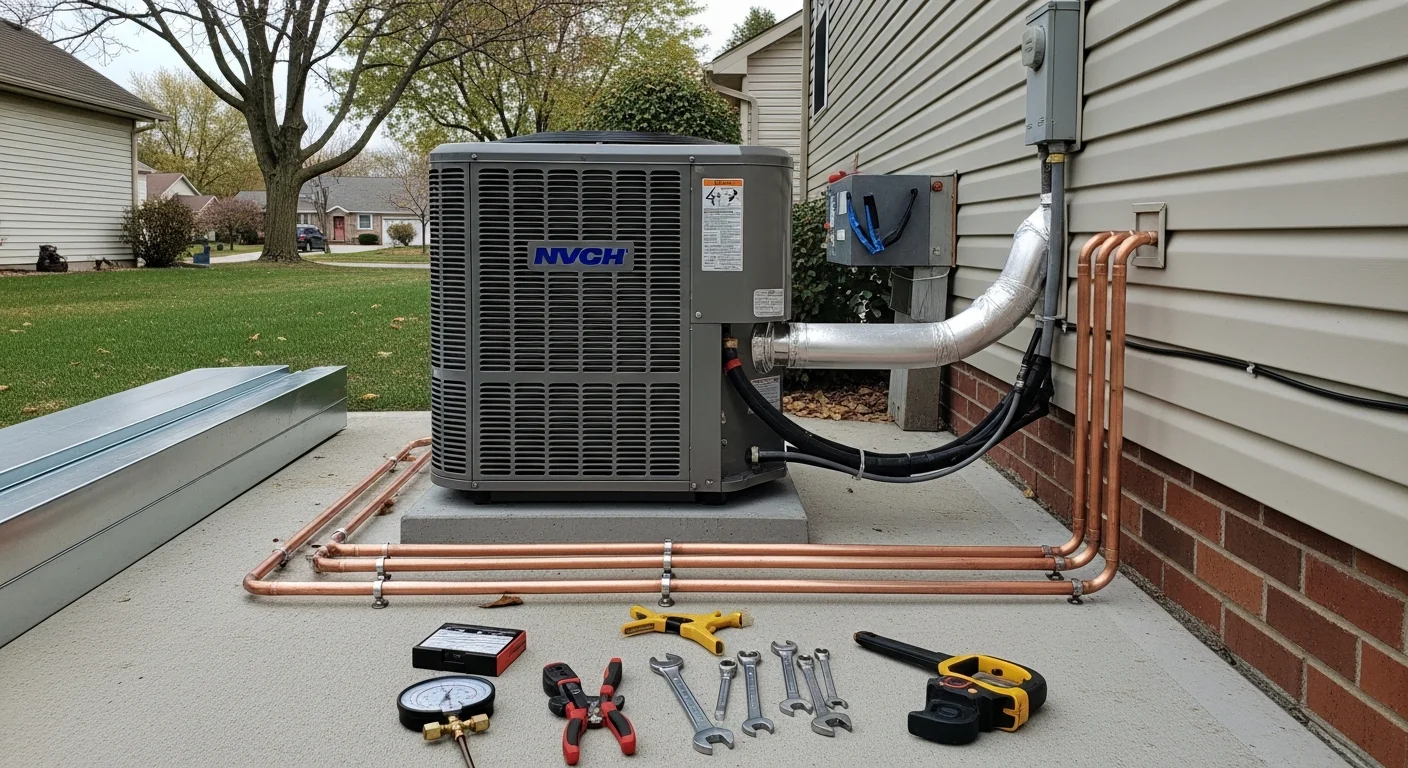 HVAC technician installing heating and cooling system in home