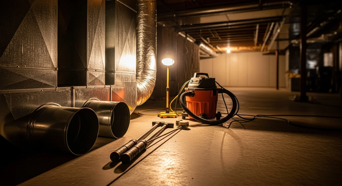 Technician cleaning HVAC ducts and vents in residential home