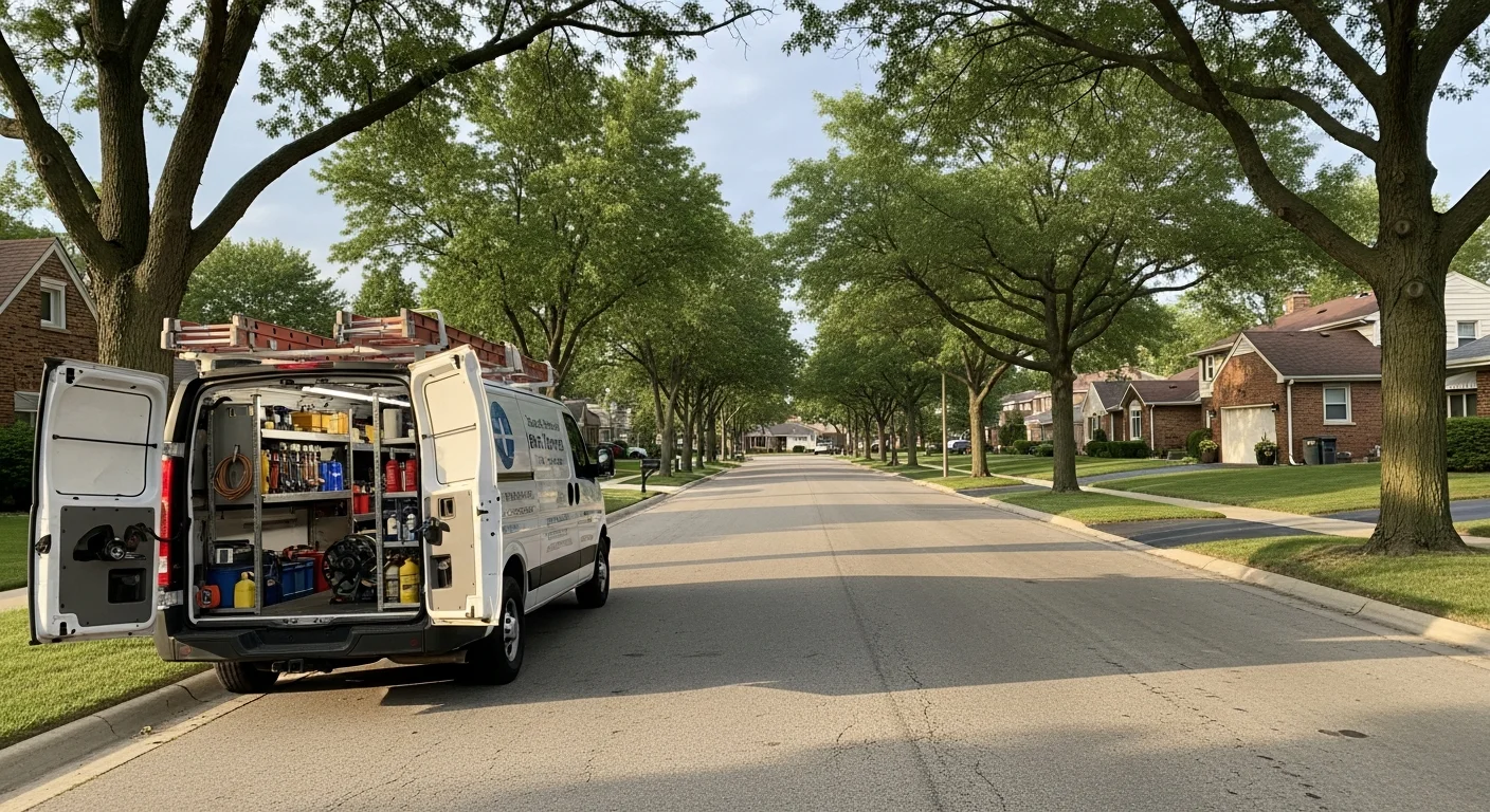 Wheeling residential street with mature trees and well-maintained single-family homes along a quiet neighborhood block.
