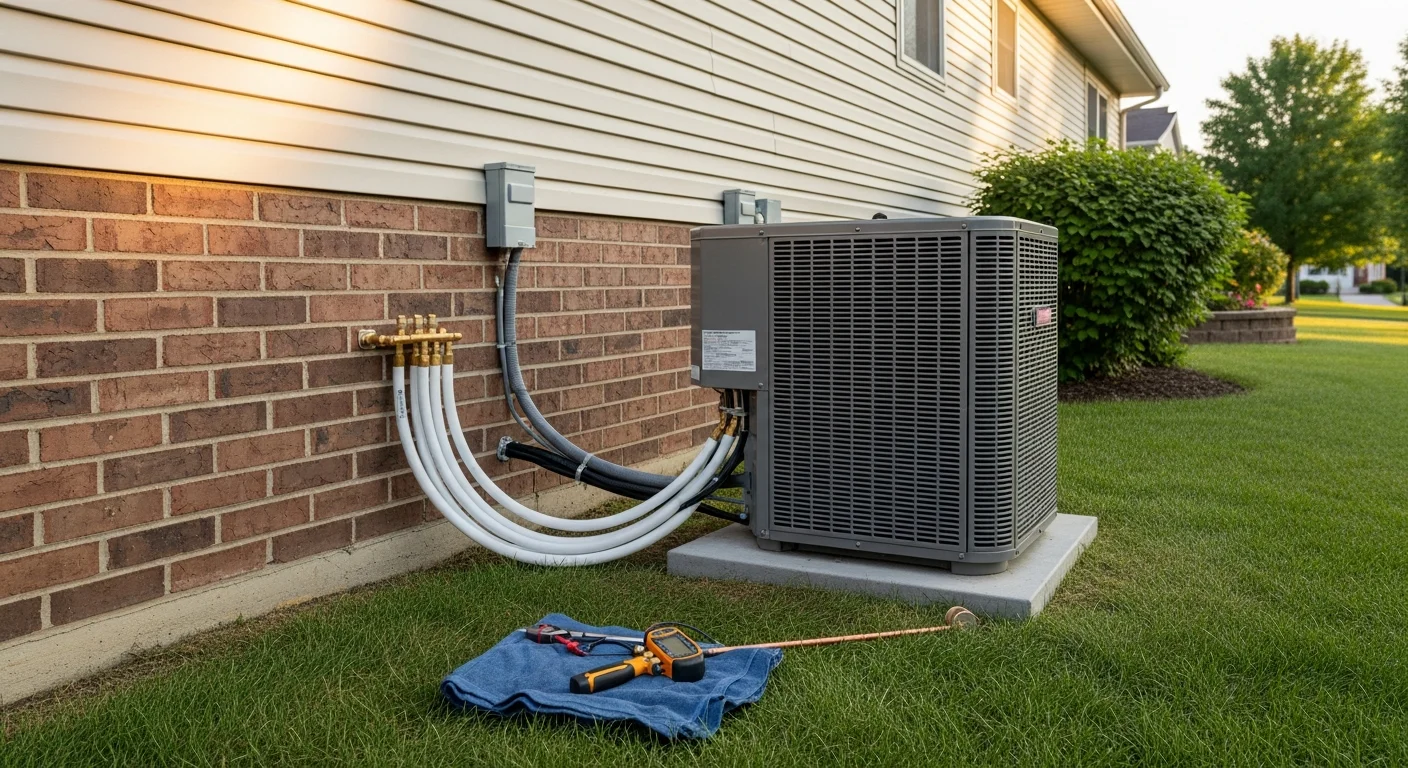A Better Climate Zone HVAC technician completing an AC installation at a single-family home in Wheeling, IL, with a new outdoor condenser unit positioned on a concrete pad beside the house. The technician is connecting refrigerant lines while a residential neighborhood is visible in the background.