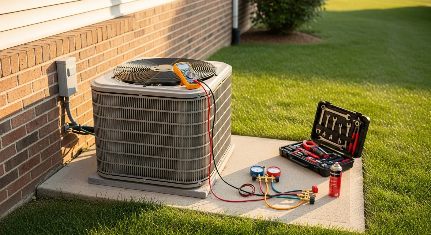 A Better Climate Zone HVAC technician cleaning the condenser coils on a central air conditioning unit outside a single-family home in Wheeling, IL. The outdoor unit sits on a concrete pad beside the house on a clear summer day.