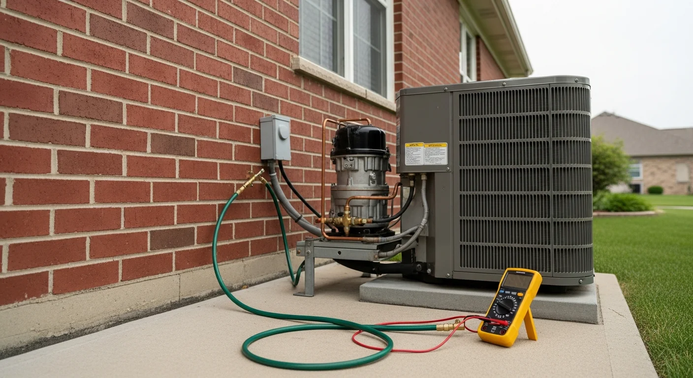 A Better Climate Zone HVAC technician inspecting an outdoor AC condenser unit at a single-family home in Wheeling, IL. The technician checks internal components with the unit panel open on a warm summer day.
