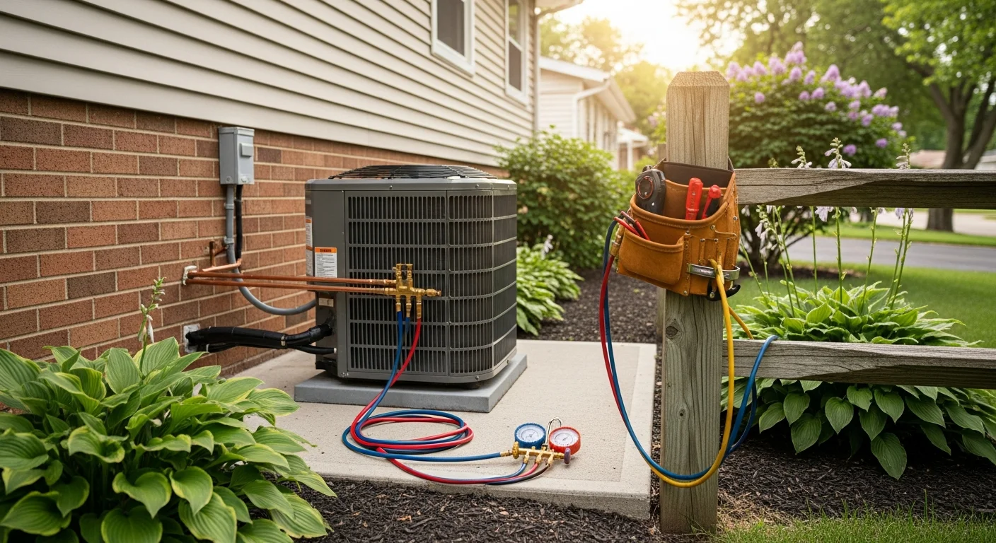A newly installed central air conditioning condenser unit outside a single-family home in Wheeling, Illinois, with clean refrigerant lines and a freshly leveled concrete pad. A Better Climate Zone HVAC technician checks the system connections on a clear summer day.