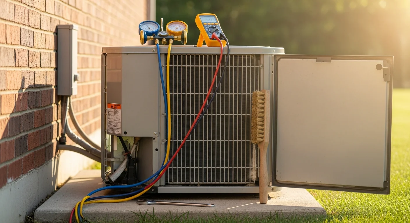 A Better Climate Zone HVAC technician inspecting the outdoor condenser unit of a residential air conditioning system at a home in Wheeling, Illinois. The technician checks coil condition and electrical connections as part of a seasonal AC tune-up visit.
