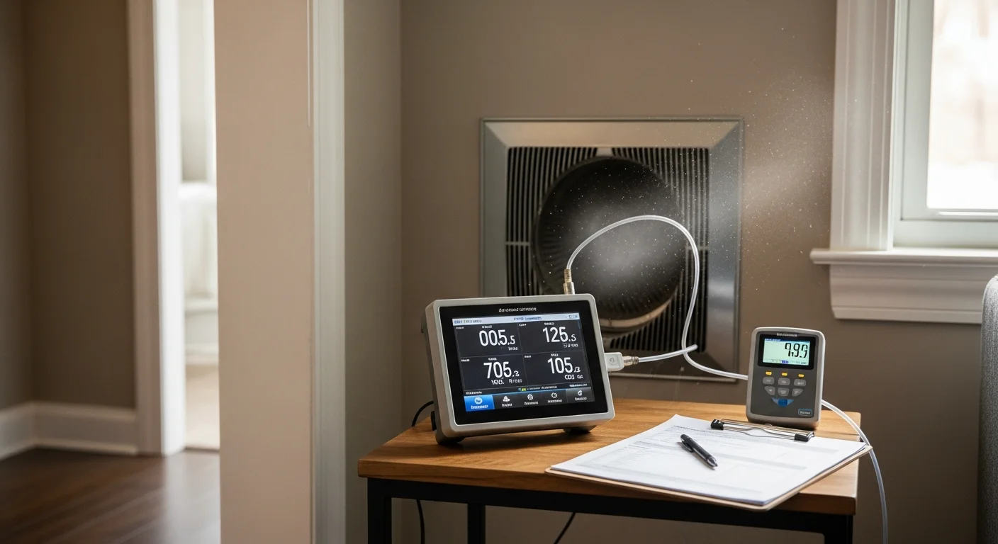 A Better Climate Zone HVAC technician using an air sampling device in a Wheeling, IL home living room. The technician reviews readings near a ceiling vent while the homeowner watches.