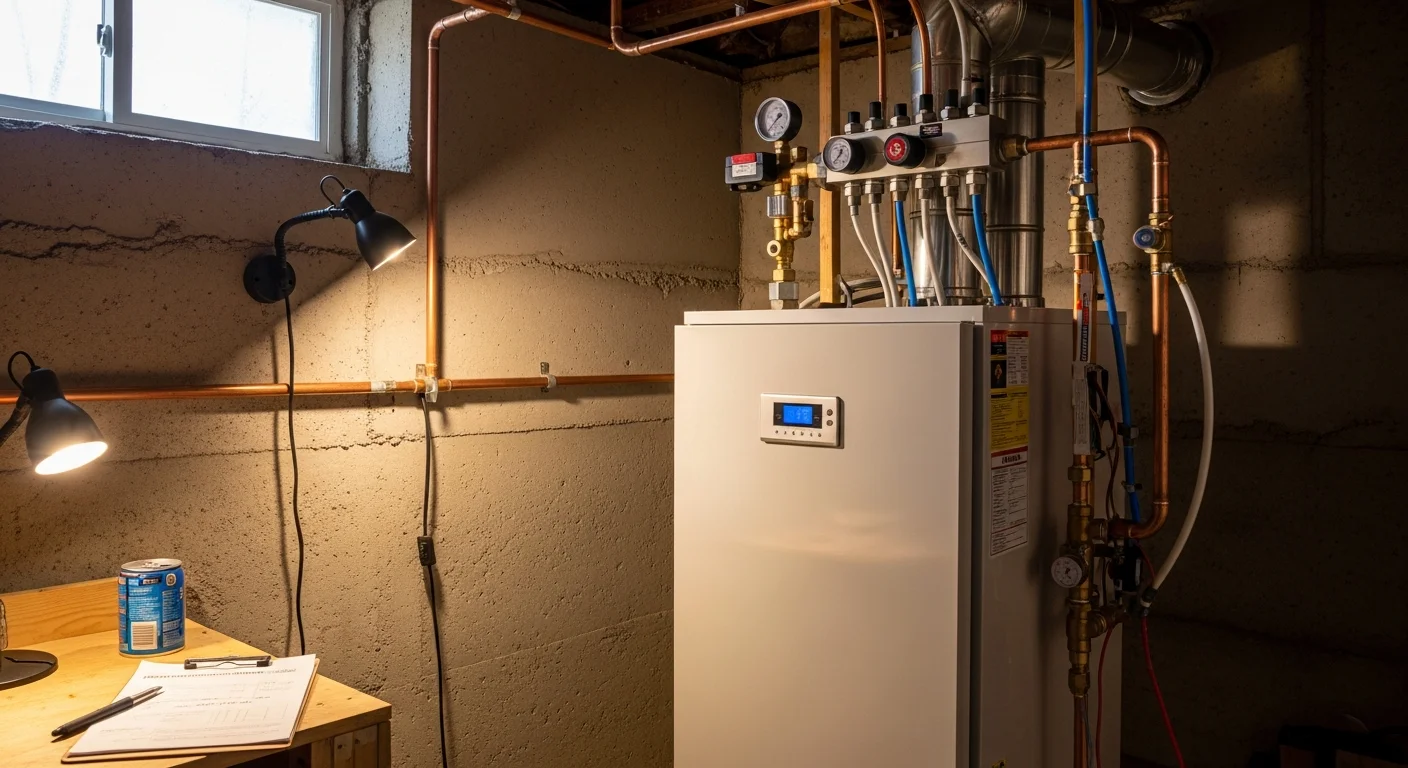 A newly installed residential boiler in a utility room of a Wheeling, Illinois home, with clean copper piping connections and zone valves visible. The unit is mounted against a finished basement wall typical of northern suburban Chicago housing stock.