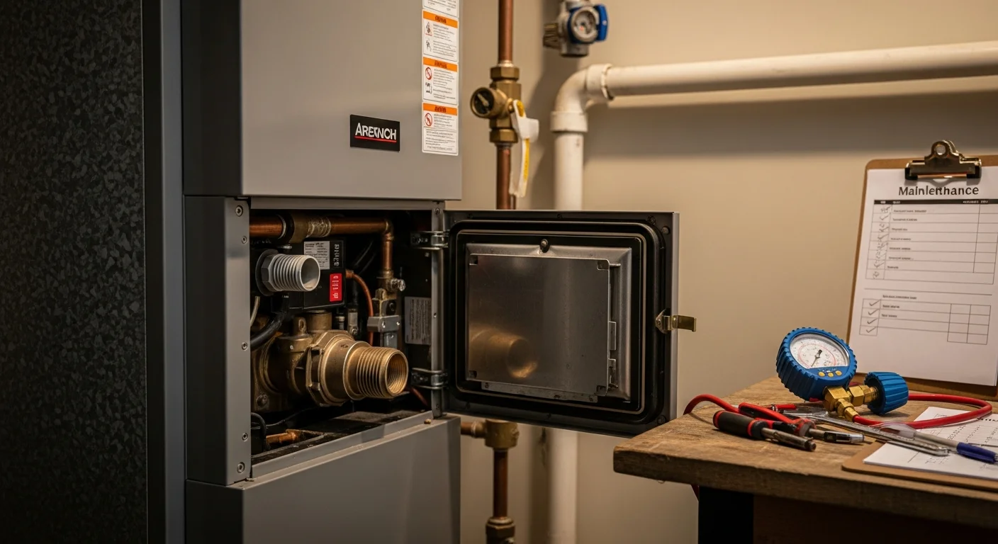 A Better Climate Zone HVAC technician inspecting a residential boiler in a Wheeling, IL home. The technician checks pressure gauges and burner components during a routine maintenance visit.
