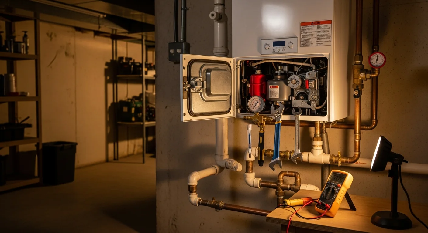 A heating contractor inspecting a residential boiler unit in a Wheeling, IL home mechanical room. The technician checks pressure gauges and pipe connections on an older hot-water boiler system.