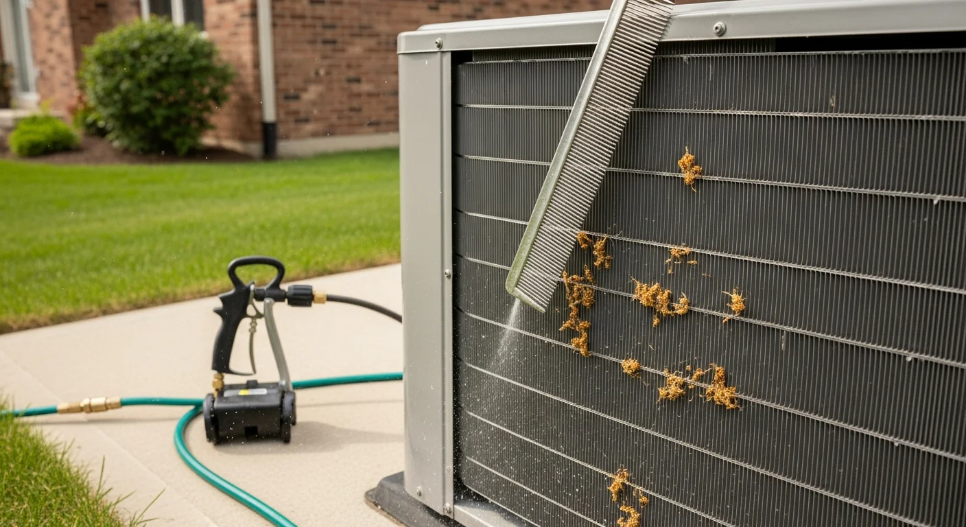 A Better Climate Zone HVAC technician cleaning the condenser coil fins on a residential outdoor AC unit in Wheeling, IL. Dirt and debris are visible on the unit before cleaning, with the technician using a professional coil cleaning tool.