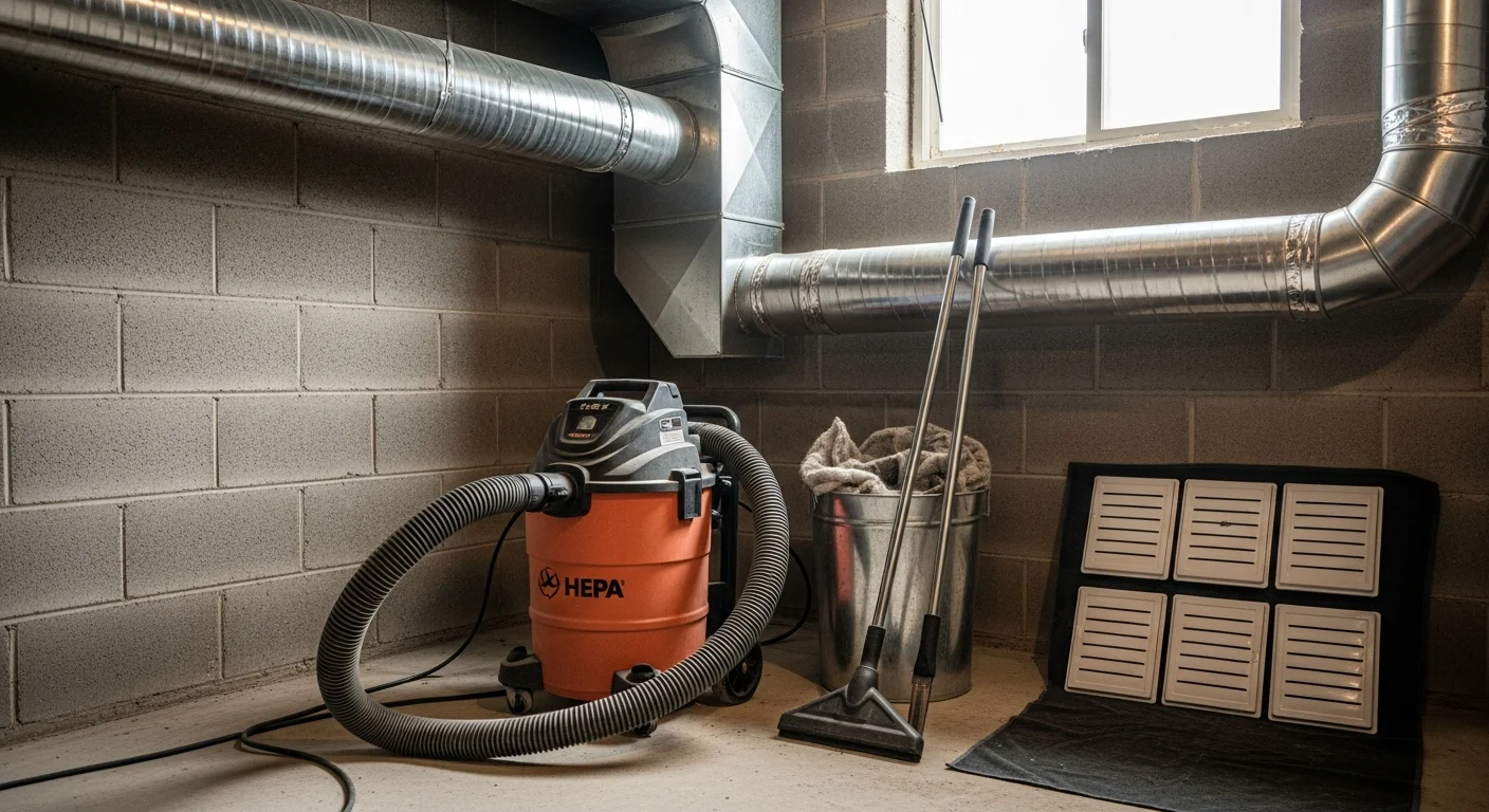 A Better Climate Zone HVAC technician using professional vacuum equipment to clean residential air ducts in a Wheeling, IL home. Vent covers are removed and laid on the floor beside an open supply duct during the cleaning process.