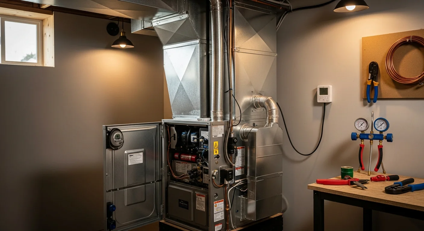 A newly installed gas furnace inside a clean utility room of a Wheeling, Illinois home. The unit is mounted on a level surface with visible supply and return ductwork connected and a fresh flue pipe running to the exterior wall.