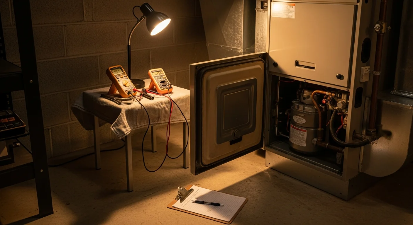A Better Climate Zone HVAC technician inspecting an open furnace unit inside a Wheeling, Illinois home. The technician examines internal components including the heat exchanger and blower assembly during a repair visit.