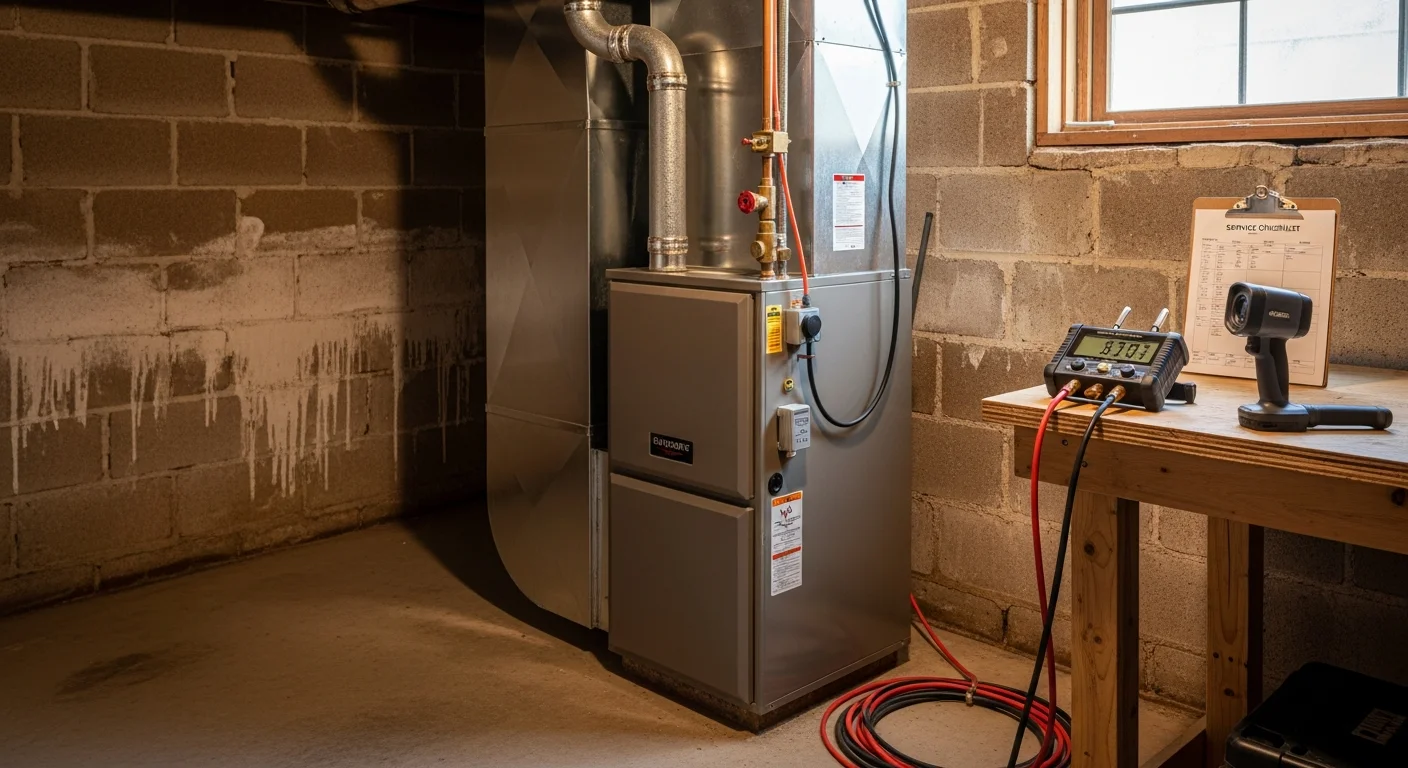 A newly installed furnace unit in the mechanical room of a Wheeling, Illinois home, with clean ductwork connections and a digital thermostat visible on the wall. A Better Climate Zone HVAC technician reviews the completed installation.
