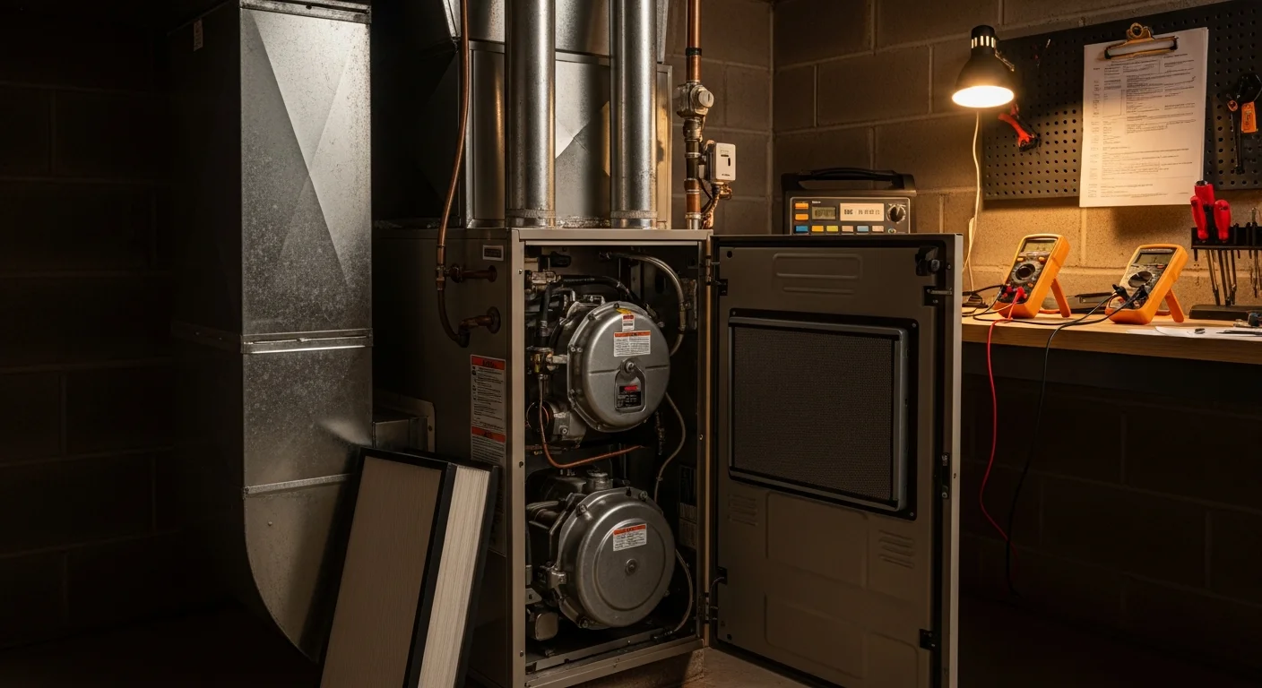 A Better Climate Zone HVAC technician inspecting the interior components of a residential gas furnace during a tune-up service call in Wheeling, IL. The furnace panel is open and the technician is checking the burner assembly and heat exchanger.