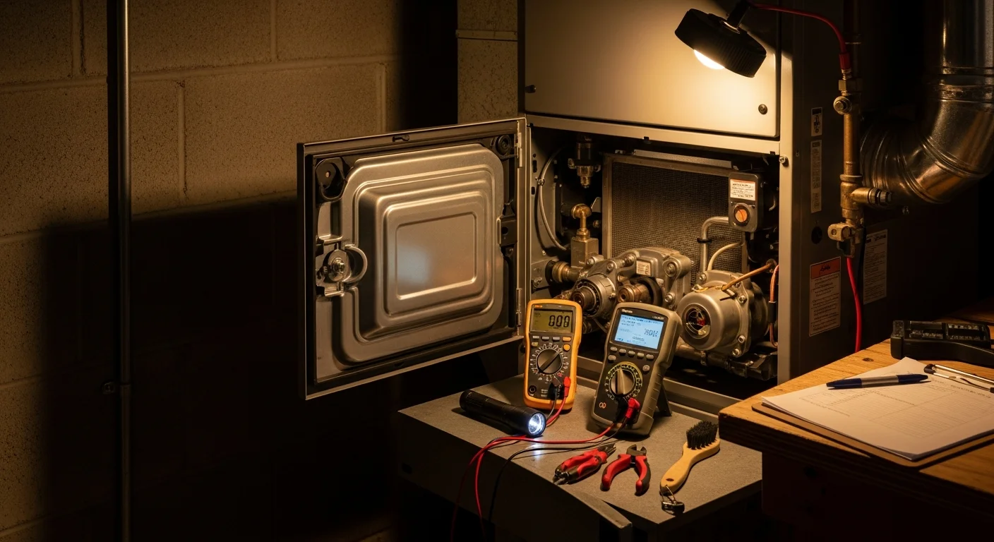 A Better Climate Zone HVAC technician inspecting a residential furnace in a Wheeling, Illinois home. The technician checks internal components including the heat exchanger and burner assembly during a pre-winter heating system inspection.