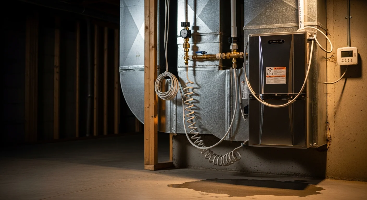 A whole-home humidifier unit mounted on a residential furnace supply duct in a Wheeling, Illinois home. The humidistat control panel is visible on the nearby wall next to the HVAC system.