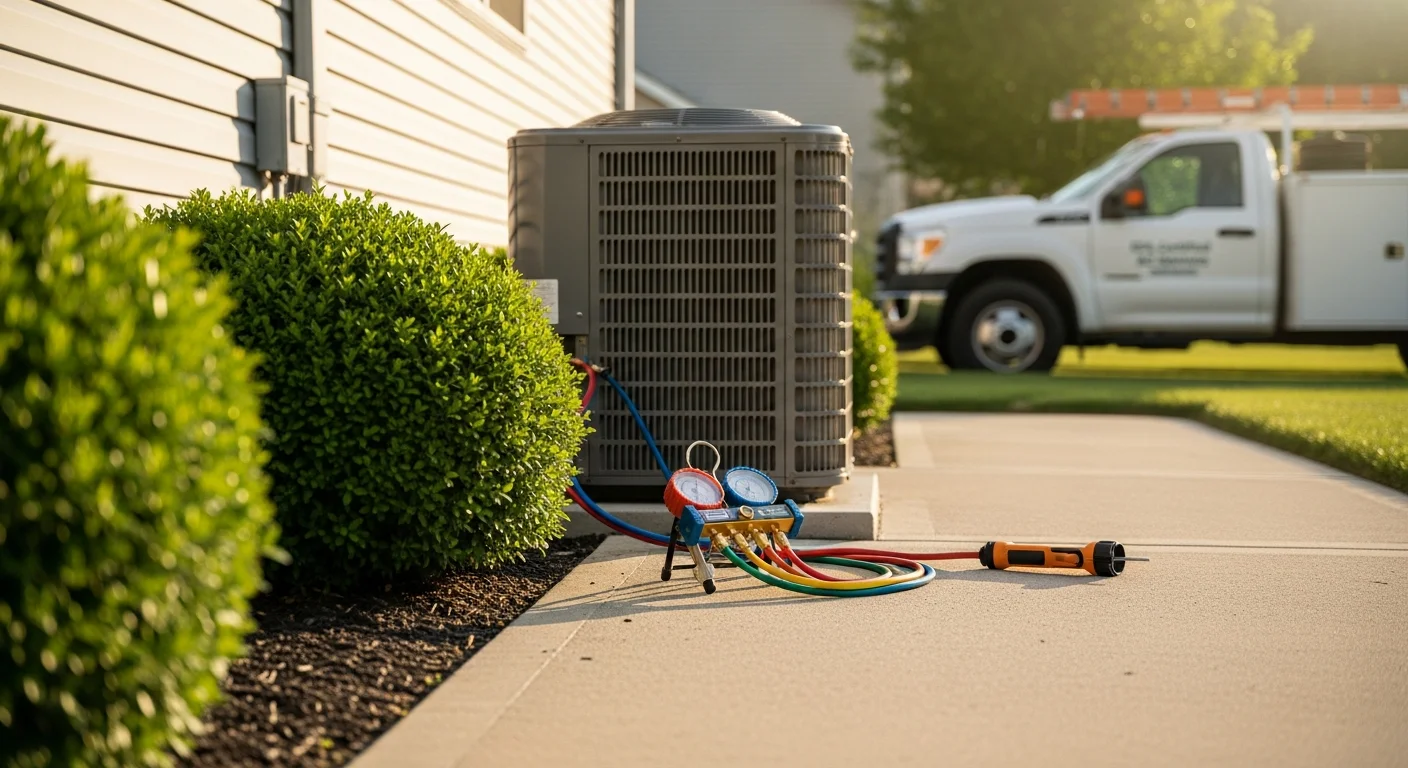 A Better Climate Zone HVAC technician connecting refrigerant gauges to a residential central air conditioning unit outside a home in Wheeling, IL. The technician checks system pressure during a refrigerant recharge service call on a warm summer day.