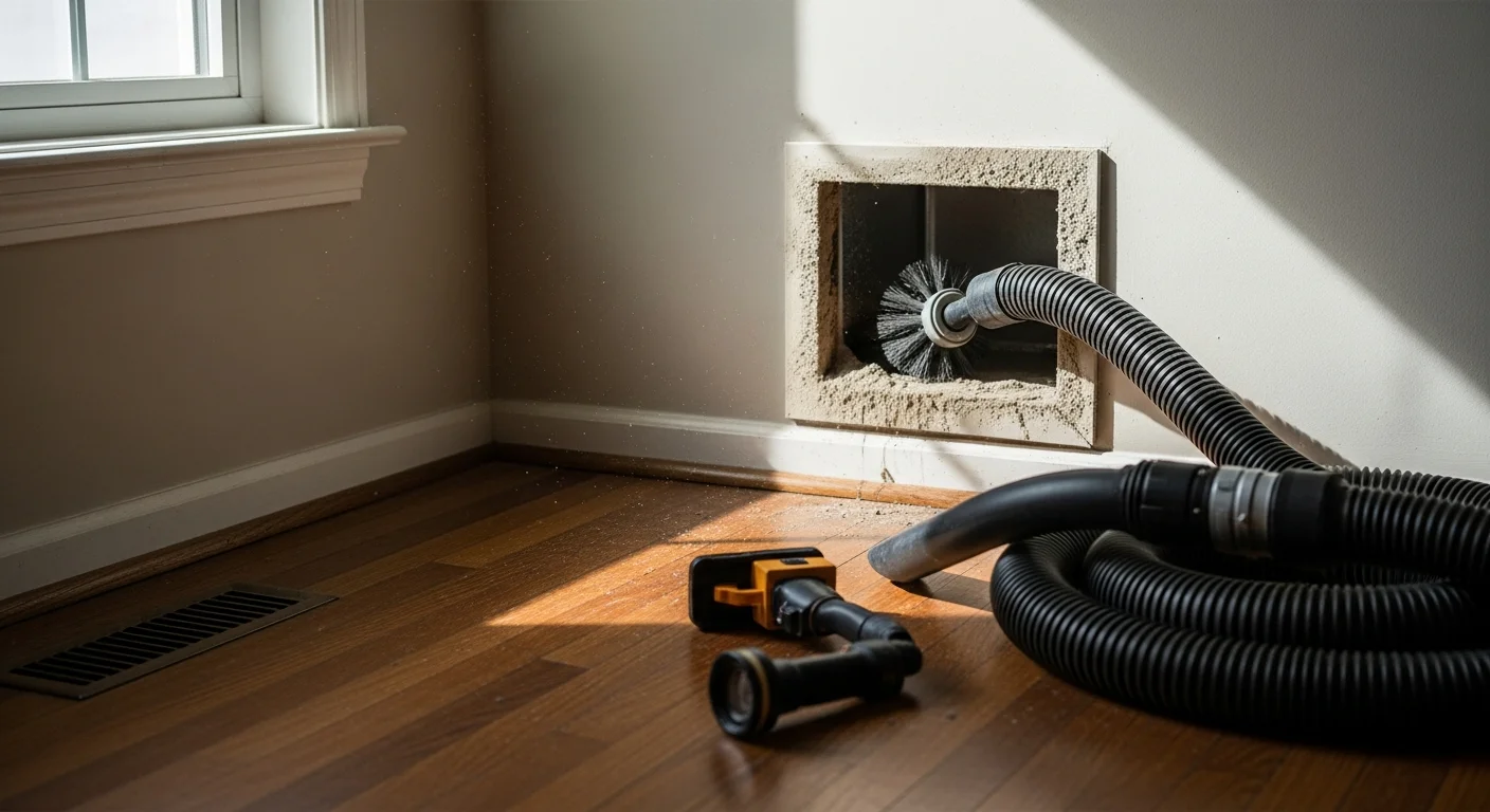 A Better Climate Zone HVAC technician cleaning a floor supply vent in a Wheeling, IL ranch-style home, with visible ductwork access and cleaning equipment in use. Dust and debris removed from the vent cover are visible nearby on a drop cloth.